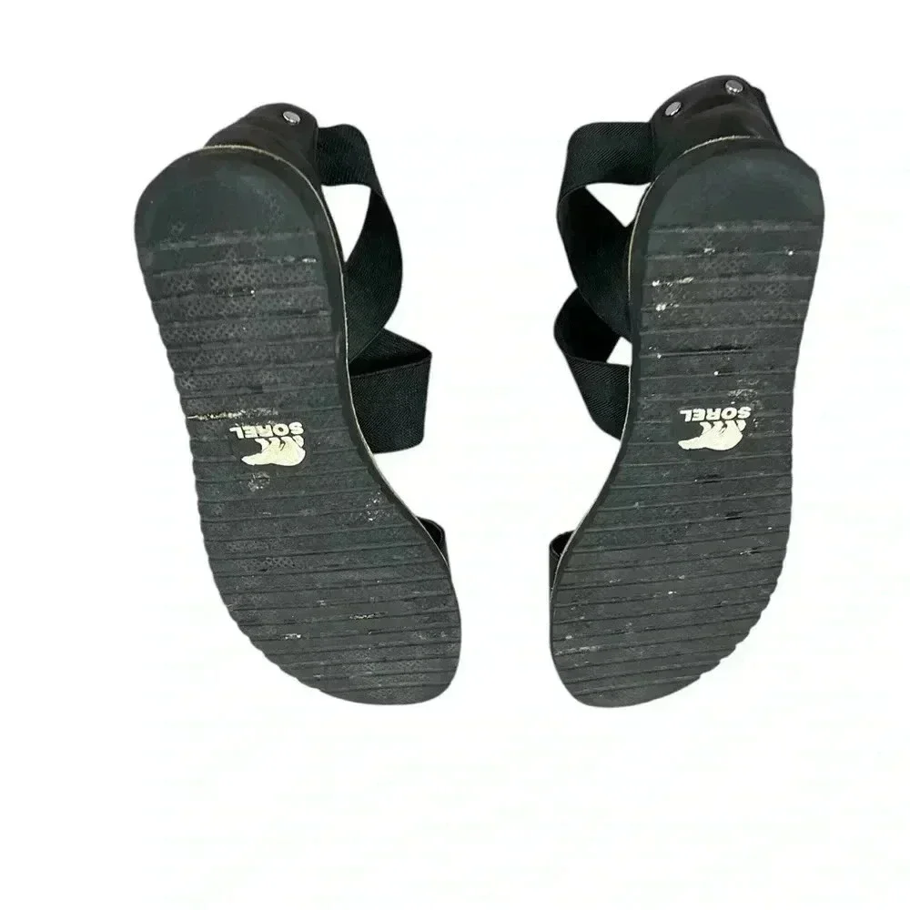 Sorel Womens Ella Sandals Gore Strap Black Flat Shoes Casual Travel Size 9